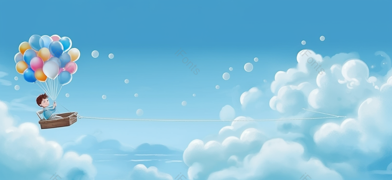 儿童节蓝天白云小孩子手牵气球蓝色背景插画手绘图,插画/手绘图,插画/手绘图库,插画/手绘图下载,插画/手绘
